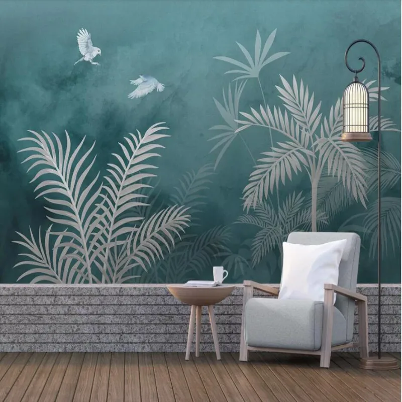 

Nordic modern minimalist hand drawn tropical plants leaves nostalgic background wall decorative painting