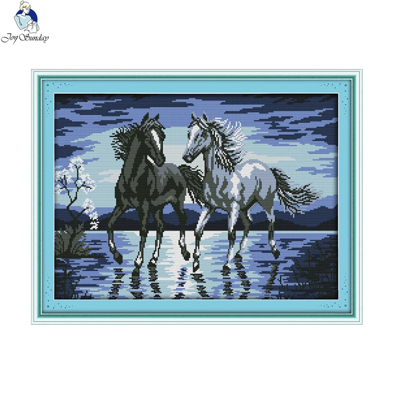 

Needlework unprinted Cross stitch Embroidery The horses travel together Counted White canvas Cross-Stitching handmade