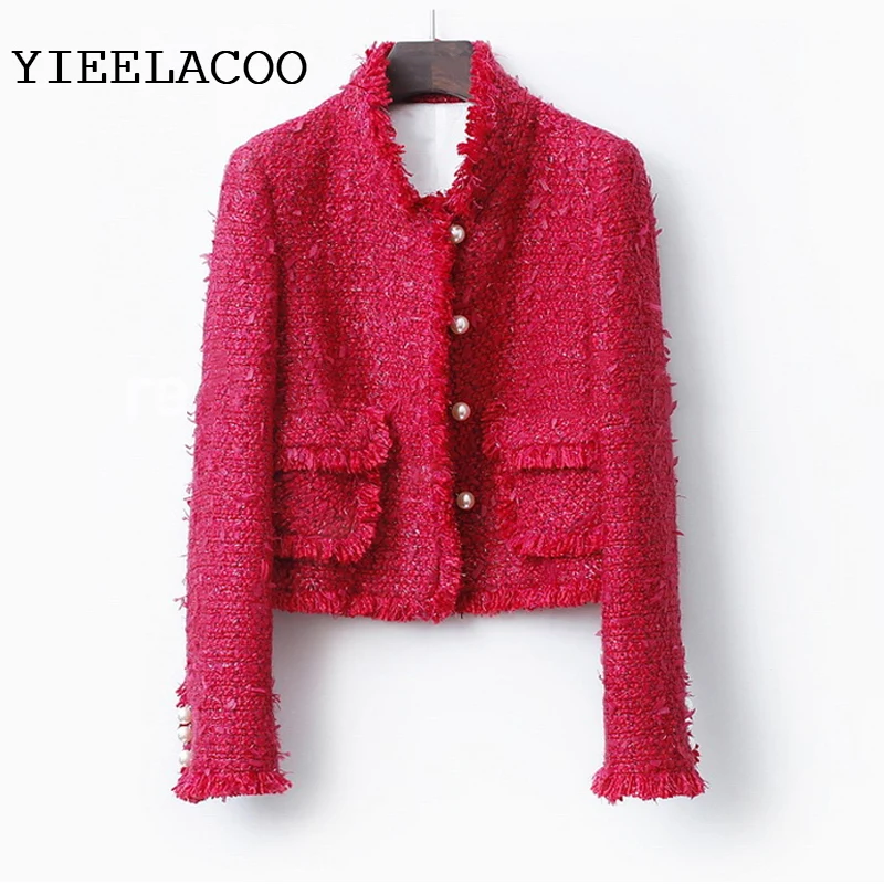 

Red Tweed Jacket Feather fabric weaving 2019 Spring /Autumn Women's Jacket tassel Slim Winter Woolen Jacket