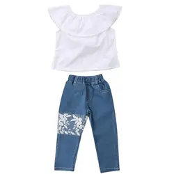 Детский комплект из 2 предметов на лето и осень, топы с открытыми плечами для девочек + джинсовые штаны, Детская футболка для малышей