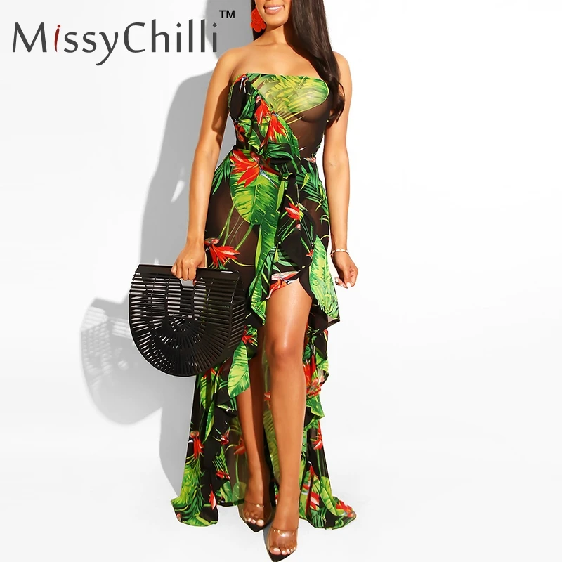 

MissyChilli Sexy ruffles floral mesh dresses boho Women split bodycon casual dress Female summer large size elegant beach dress