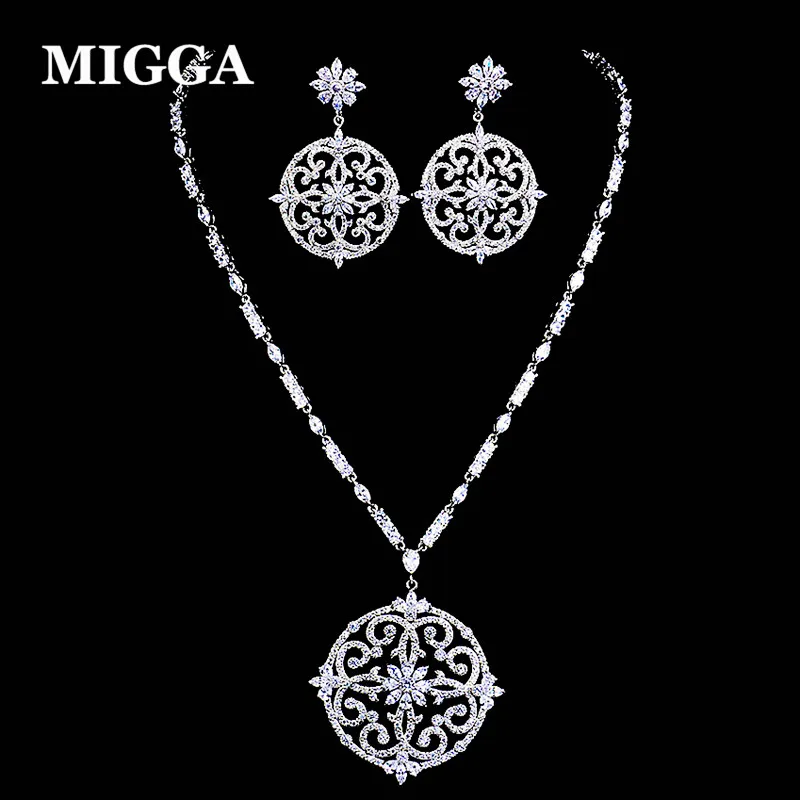 

MIGGA Exquisite Cubic Zirconia Paved Vintage Pattern Round Pendant Necklace Earrings Dubai Jewelry Set for Women