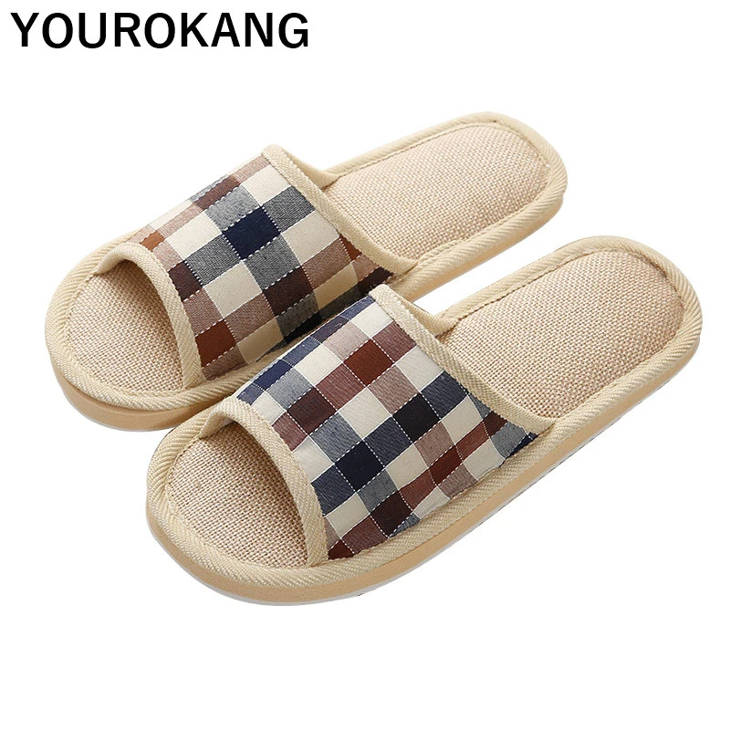 Men Home Slippers Plaid Flax Couple Flip Flops Indoor Floor Linen Slippers EVA Lightweight Four Seasons Lovers Household Shoes