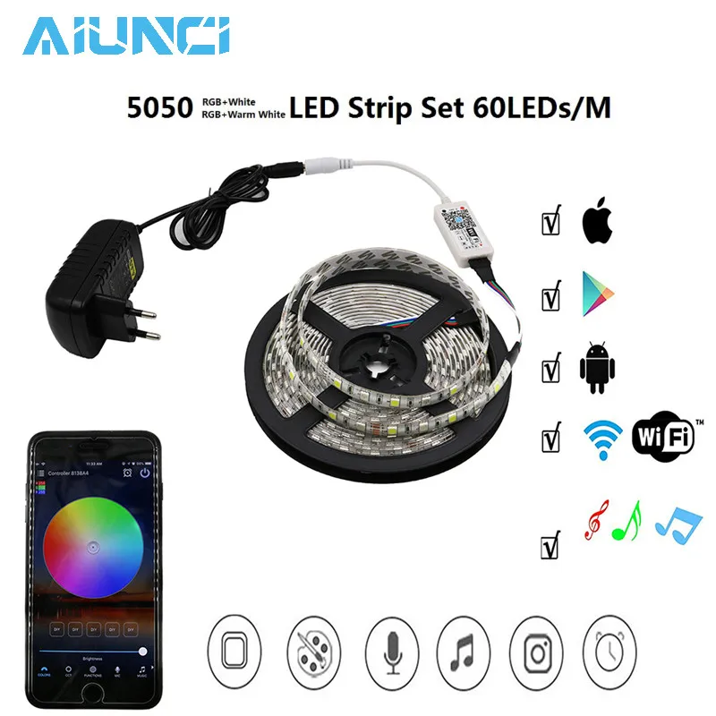 

LED Strip RGBW/WW 5050 Set with Mini WiFi RGBW/WW Controller + 12V Power Adapter , Home Decoration Neon Light