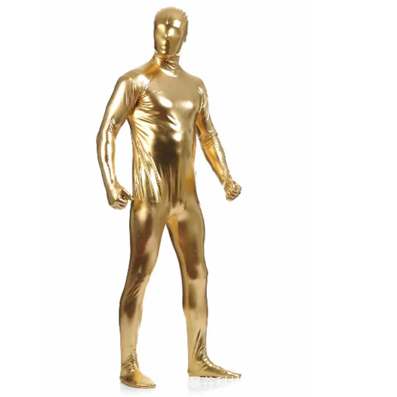 Высокое качество мужские латексные костюмы Zentai из ПВХ блестящий металлический