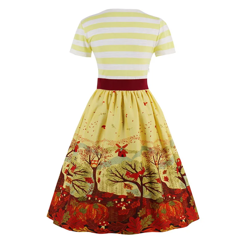 Kostlish 2017 Summer Vintage Dress Women Printed Ball Gown 1950s Retro Dress With Belt V-Neck Casual Ladies Dresses Plus Size (10)
