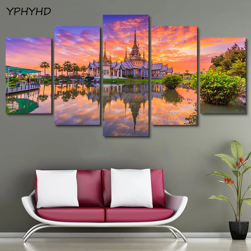 YPHYHD 5 панель HD закат Таиланд религиозный храм Фотографии Живопись стены