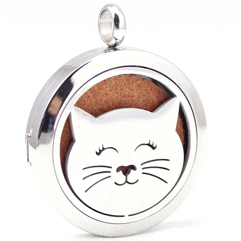 

30mm stainless steel lovely cat aromatherapy aroma essential oil diffuser necklace