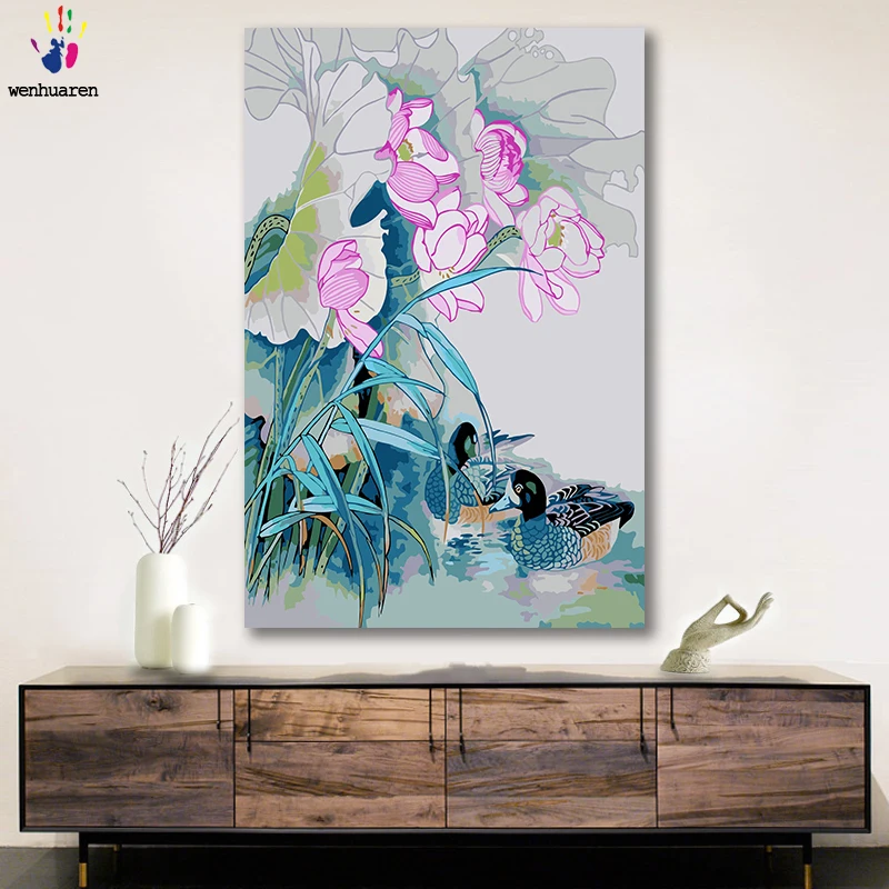 

DIY colorings pictures by numbers with colors Chinese style lotus pond moonlight picture drawing painting by numbers framed Home