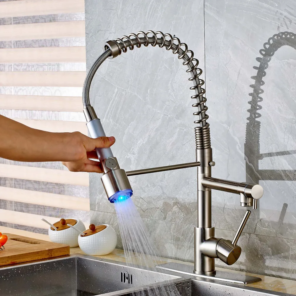 

Modern LED Changing Deck Mount Brushed Nickel Spring Kitchen Faucet Dual Swivel Spouts Mixer Tap