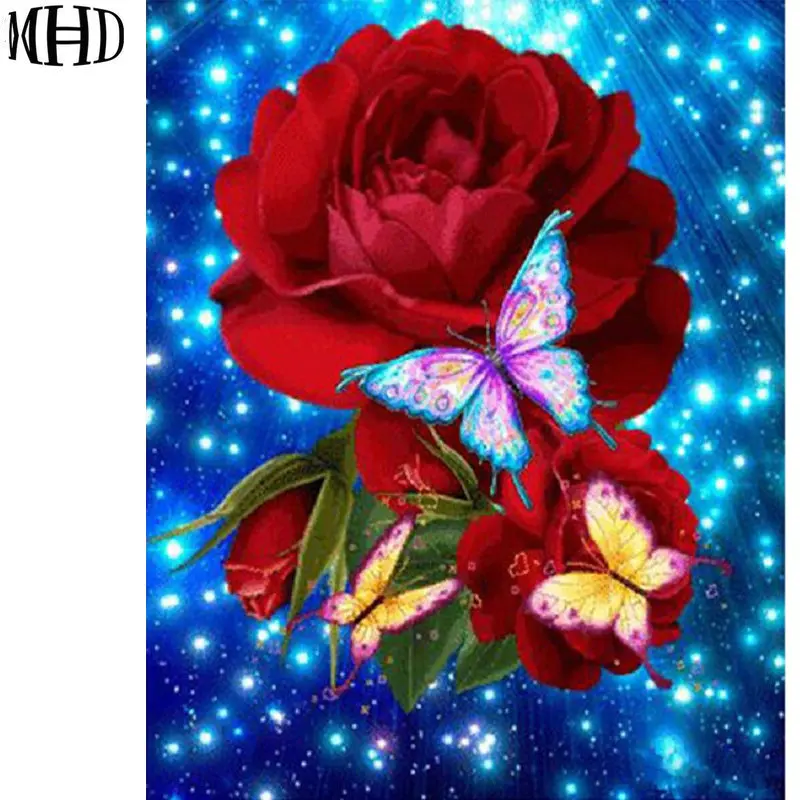 MHD Full Diamond Embroidery Red Rose and Butterfly Blue Background Round Painting Living Room Wall Stickers Decorative | Дом и сад