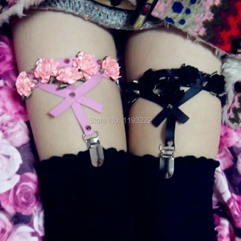Сексуальные каваи Харадзюку ручной работы Подвязки для ног, шипованные заклепочные шипы цветы, носок подвязки ноги кольца-хомуты