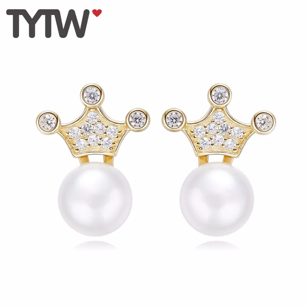 

TYTW Earrings 2018 Simple 925 Sterling Silver Earring Freshwater pearl for Women Crown white Pink Shell Gold-Stud Earbob