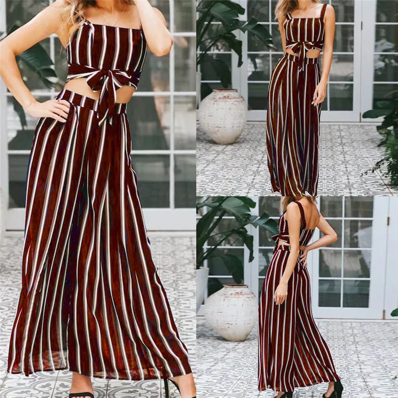 Women Summer Stripe Sleeveless Vest Shirt Tops Blouse Shorts Pants 2PCS Set Summer Cool Long Dress Suit Set H28 (1)