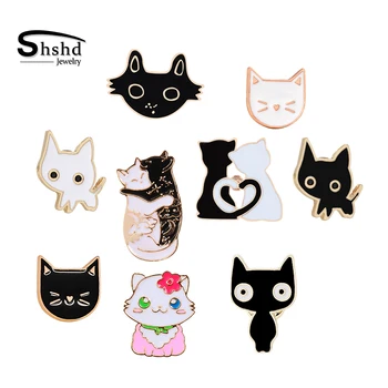 

Black White Cat Face Enamel Pins Collection Cute Cartoon Kitten Brooch Jackets Lapel Pin Kitty Badges Lover Jewelry Dropshipping