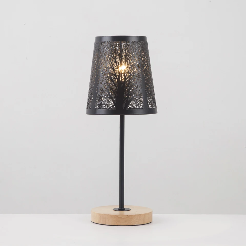 

Small Bedside Lamp with Wood Base Black Metal Stick and Hollow Lampshade E14 Table Lamp for Bedrooms Office Girls Room Dorm, Din