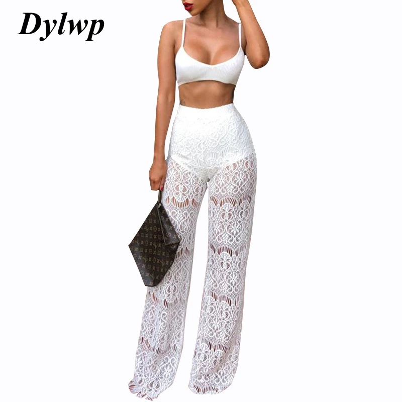 

Sexy Lace Hollow Mesh Perspective Pants Women Casual High Waist Straight Trousers 2019 Summer Ladies Black White Sheer Pants