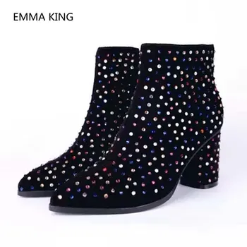 

Runway Winter Fashion Ankle Boots Women Pointed Toe Colorful Crystal Studded Designer Shoes Woman Chunky Heels Lady Martin Boots
