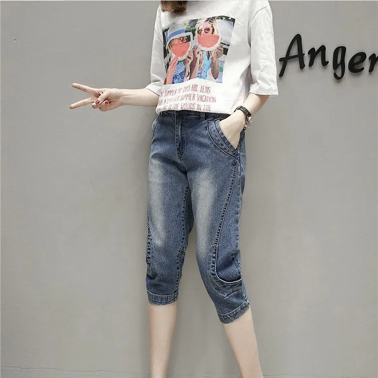 Летние джинсы штаны-шаровары брюки Для женщин Повседневное размера плюс свободная посадка Винтаж джинсовые брюки, Капри Высокая талия джинсы Vaqueros F201