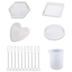 4 упаковки Diy Coaster Силиконовые формы эпоксидные литейные формы включают круглые шестигранные квадратные формы сердца для смолы Бетон
