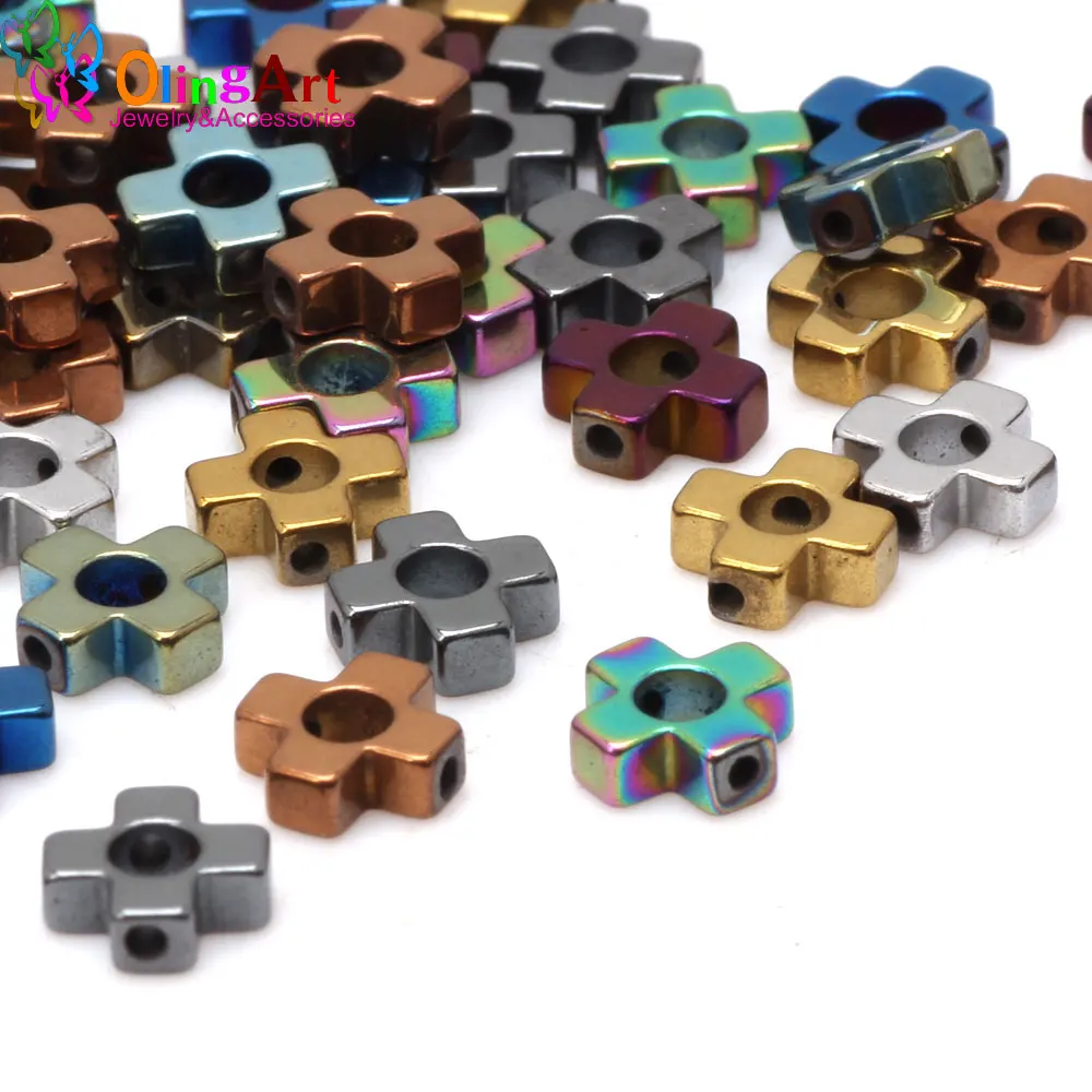 

OlingArt 6MM 50pcs/lot Hollow cross flower beads metal mixed color AAA quality Natural Hematite Stone DIY earring Jewelry Making