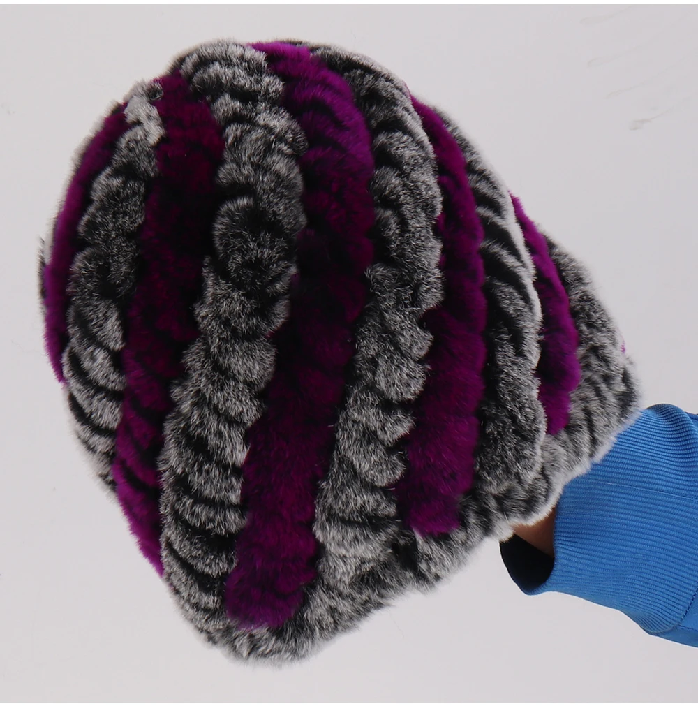 Полосатая Зимняя женская натуральная шапка из меха кролика рекс Женская Ручная шапка из настоящего меха теплые вязаные эластичные натуральные меховые шапочки