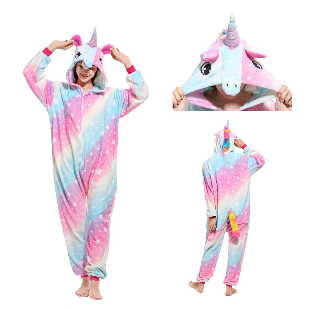 Pink star unicorn Кигуруми Единорог пижамы женские зимние животные мультфильм шитая пижама набор комбинезонов Мужские Унисекс Взрослые фланелевые пижамы с капюшоном - Цвет: Pink star unicorn