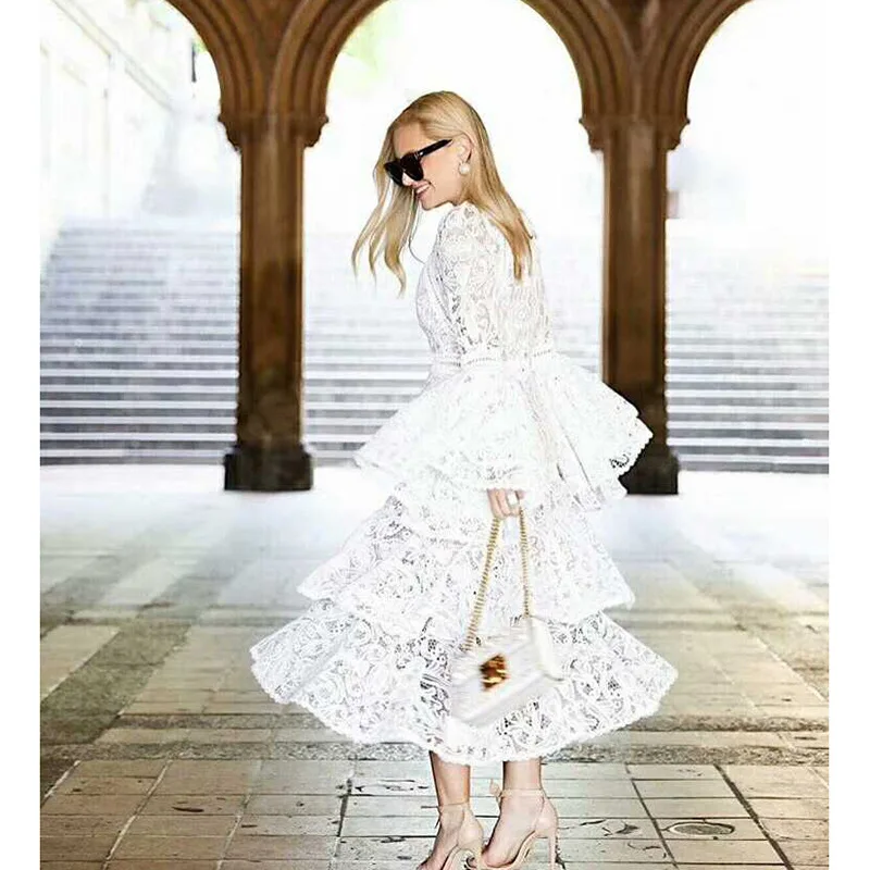 

The 2019 Europe and The United States Foreign Trade with Ladies Horn Sleeve Elegant Cascade Falbala Water Soluble Lace Dress
