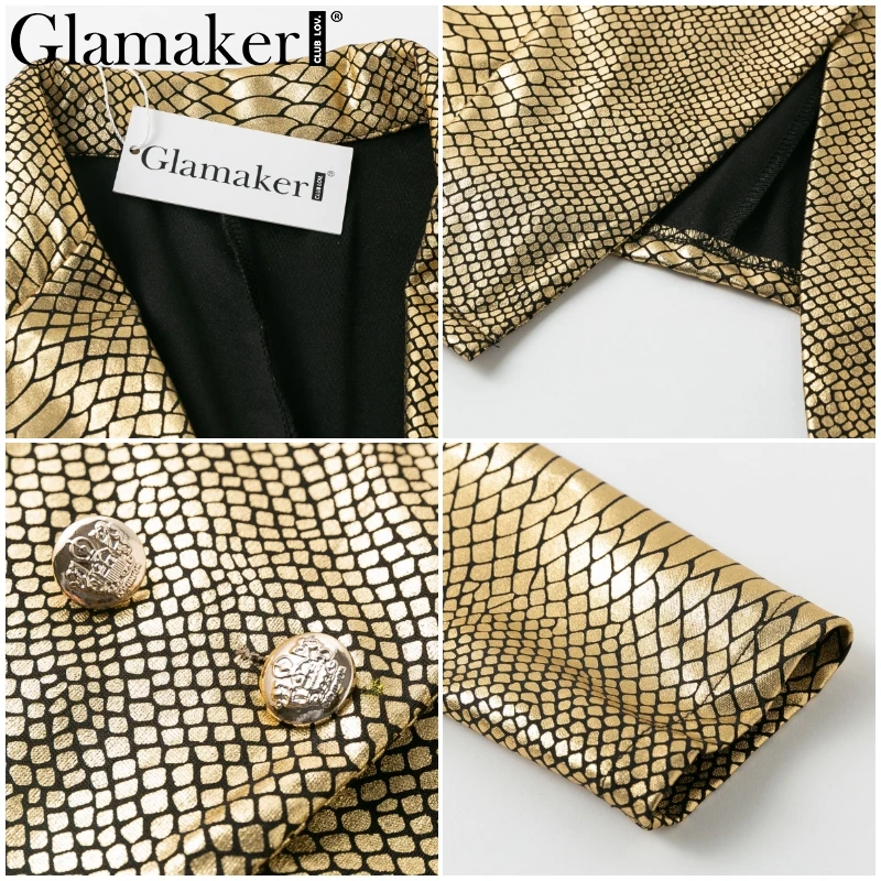 Glamaker сексуальное короткое платье с v-образным вырезом и золотым змеиным принтом, облегающее элегантное мини-платье с пуговицами, женское платье-блейзер, Осенние вечерние Клубные платья