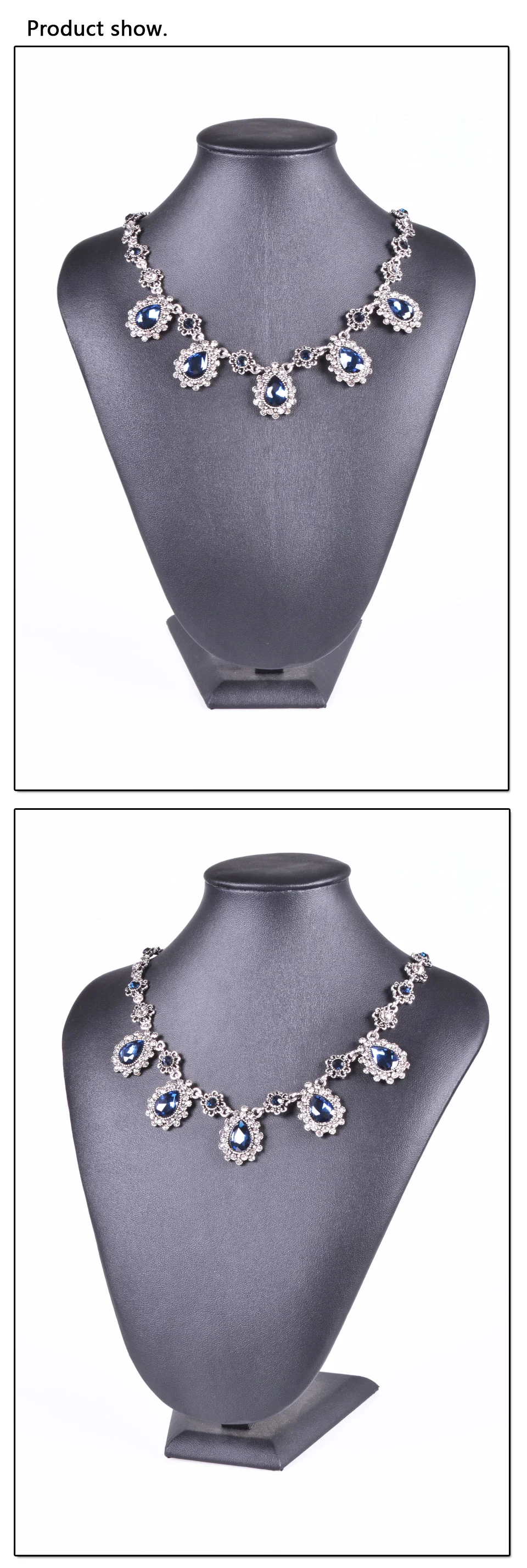 Женское модное ожерелье, ювелирное изделие, темно-синее, капля воды, кристалл, камень, винтажный стиль, античное серебро, цвет ниспадающее ожерелье на шею