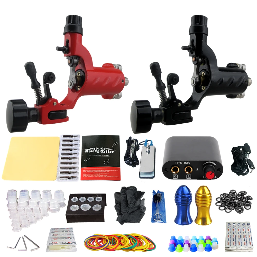 

Beginner 2 Rotary Tattoo Machine Guns Kits Power Supply Foot Pedal 20 Needles Grip Tip Ink Cup for Tattoo supplies TK201-16