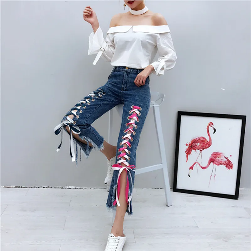 

WHITNEY WANG 2017 Spring Fashion Streetwear multicolor Ribbon Lacing Up Jeans Women Denim Flare Pants Plus Size jeans femme