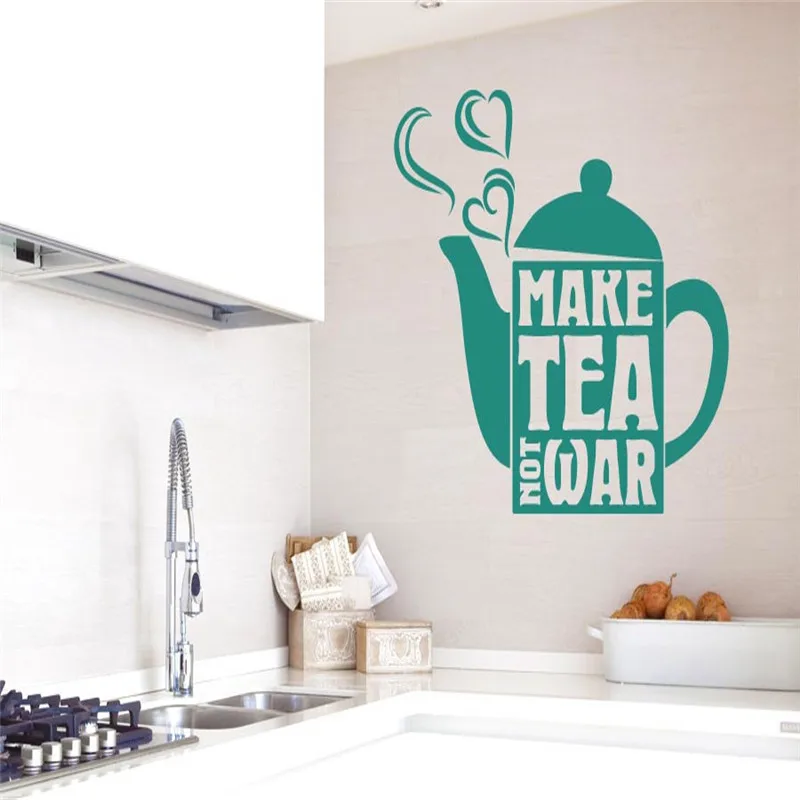 Kitchen Wall Decal Teapot Heart Vinyl Wall Stickers Quotes Make Tea Not War Removable Modern