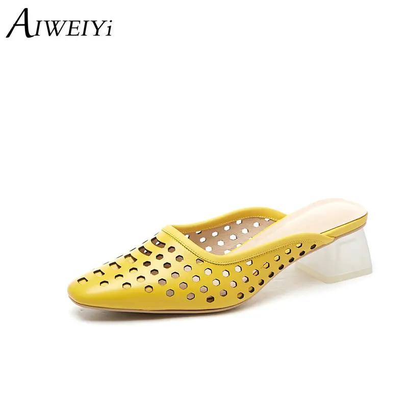 

AIWEIYi Women Cow Leather Slippers Yellow White Crystal Heel High Heels Flip Flops Cutout Slip On Summer Outside Slippers