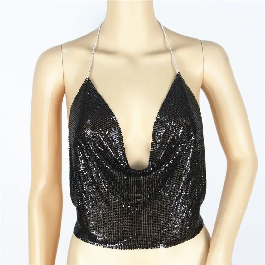 

Fashion Club ladies low cut Halter spangle tether sling deep V navel vest