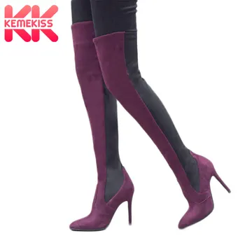 

KemeKiss Sexy Women High Heel Boots Mixed Color Over Knee Stretch Boots Thigh High Warm Winter Shoes Women Footwear Size 34-43