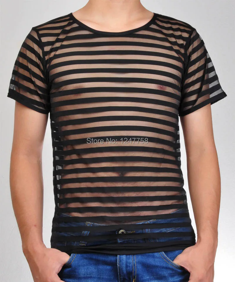 

Sexy Male T-Shirt Undershirts Men Mesh Stripe See Through Underwear