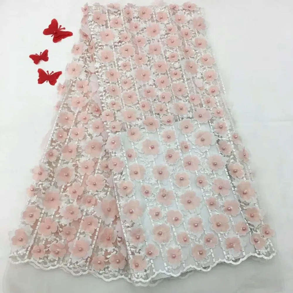 

Newly designed French lace tulle, African netted fabric with 3D patches and beads
