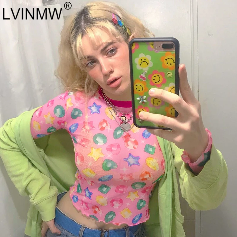 Женская футболка LVINMW прозрачная с длинным рукавом и круглым вырезом уличная
