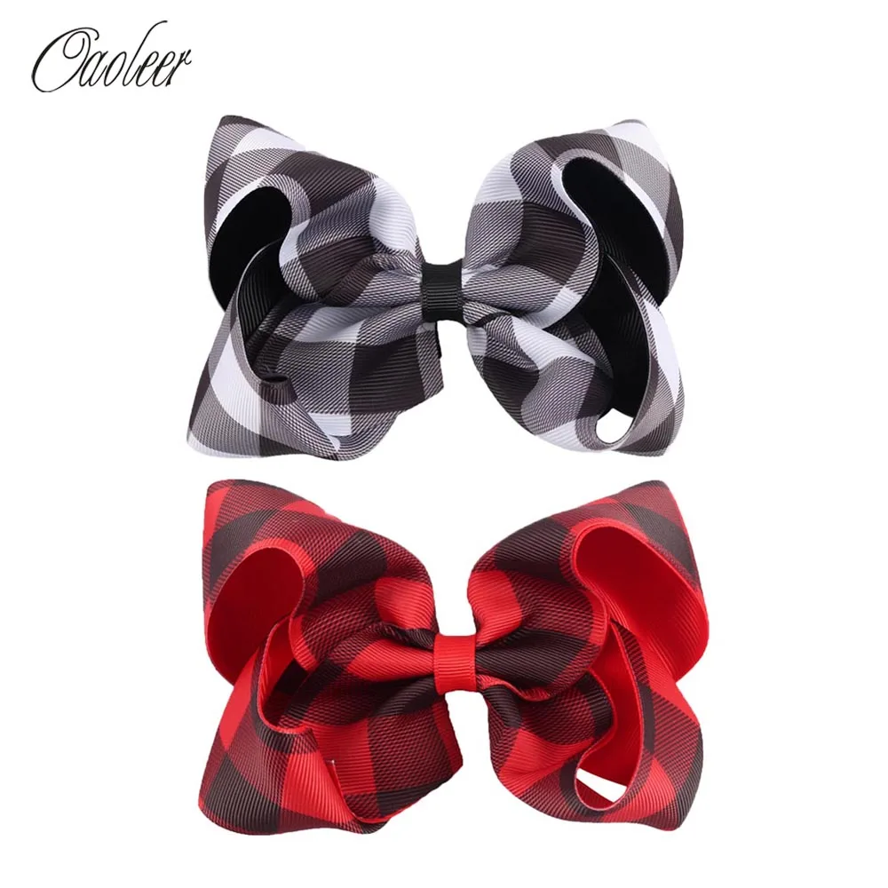 

6pcs/lot 5" Red Blck White Plaid Hair Bow With Clip Handmade Grosgrain Ribbon Hairbows Kids Hair Accessories