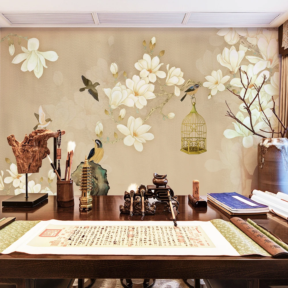 Custom 3d wallpaper new Chinese classical art pen flower bird branch bird cage background wall - silk waterproof material Custom 3d wallpaper new Chinese classical art pen flower bird branch bird cage background wall - silk waterproof material