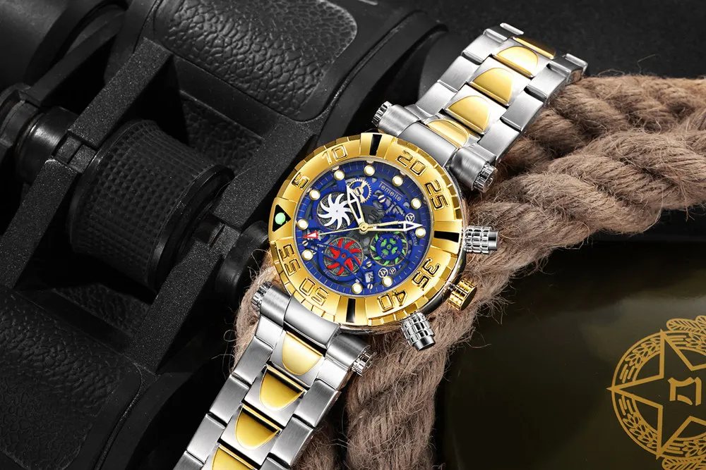 TEMEITE Брендовые мужские наручные часы, кварцевые Многофункциональные мужские часы из нержавеющей стали, водонепроницаемые Роскошные золотые часы с хронографом, креативные часы