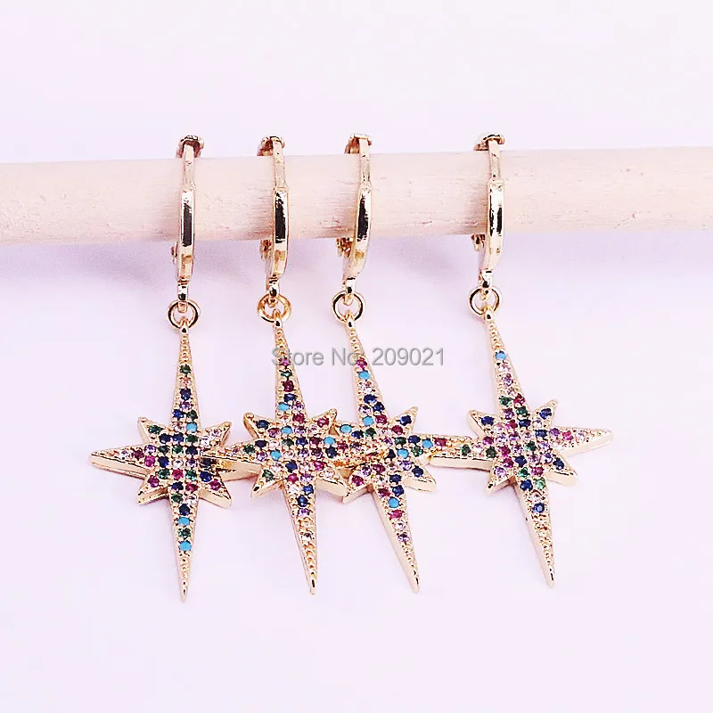 

6Pairs Gold Color charm jewelry rainbow cz paved star dangle earring for women wedding party fashion jewelry