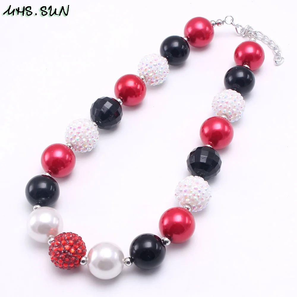 BN585-1 (1),$5.85-1PC.Chunky Black+White+Red Strand Beads Necklace Kids Baby Girls Bubblegum Beaded Jewelry Necklace For Children Best GiftJPG