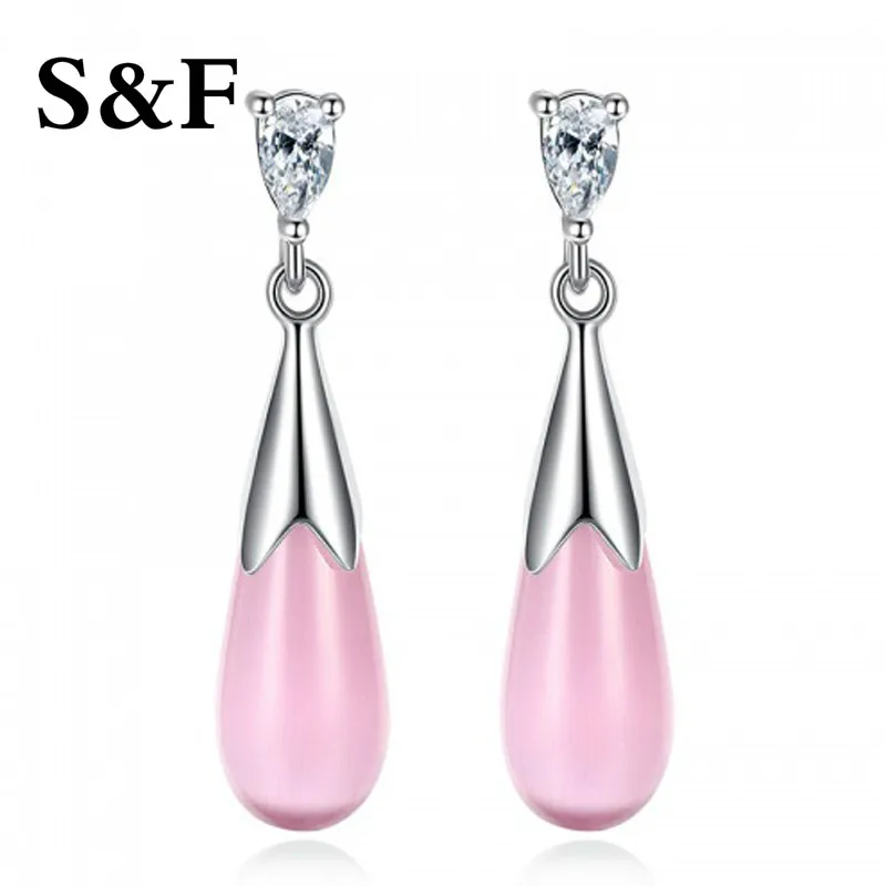 

Water Drop Opal Silver Stud Earring For Women Pink White Color Long Earring Stone Zricon Wedding Engagement Jewellery