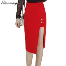 5XL Модные женские летние офисные открытые раздельные сексуальные красные облегающие миди юбки-карандаш с высокой талией повседневные уличные OL юбки