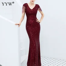 Vestido de noche con lentejuelas de lujo para mujer, vestidos de fiesta de manga corta con cuello en V, vestidos de fiesta de estilo sirena, bata Sexy de manga corta para mujer, vestidos elegantes formales