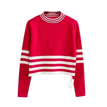 

European And Americabn Knitting O-neck Long Sleeve Crop Top T-shirt Autumn O-neck Women Striped Long Sleeve Top T-shirt