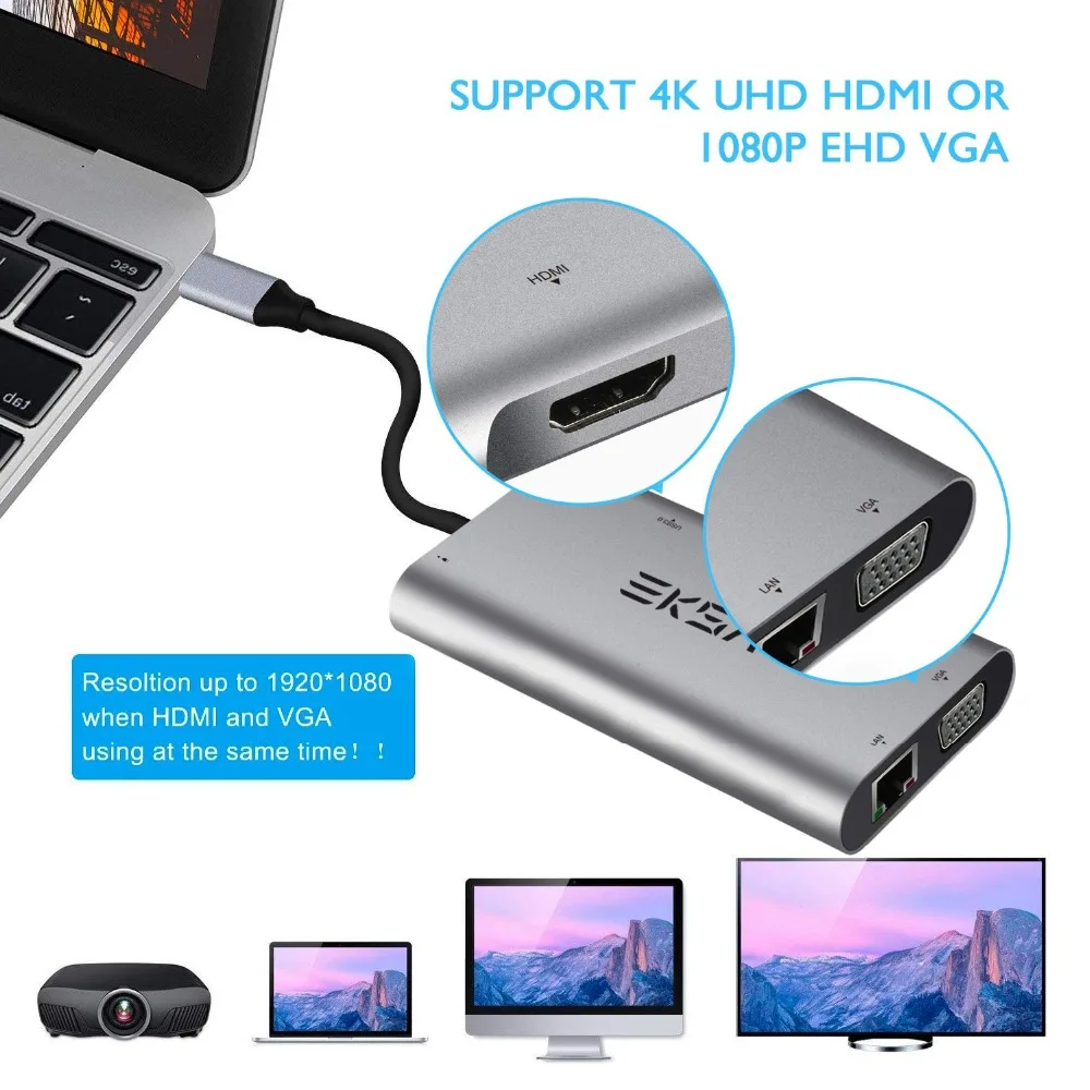 EKSA usb-хаб 10 в 1 type C концентратор 3,0 с 3 портами USB 3,0, 4K HDMI, 1080P VGA, RJ45, 3,5 мм разъем, кардридер для huawei P20 Pro