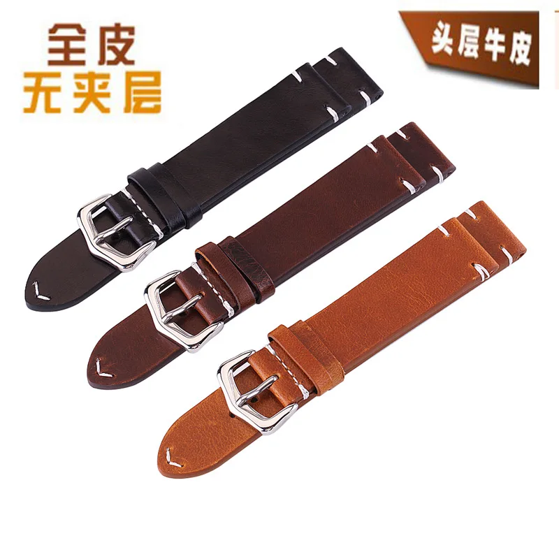 

18/19/20/21/22/24 mm Width Size Genuine Leather Retro Oil Wax Watchband Business Wristwatch Strap Accessories Replacement Bands
